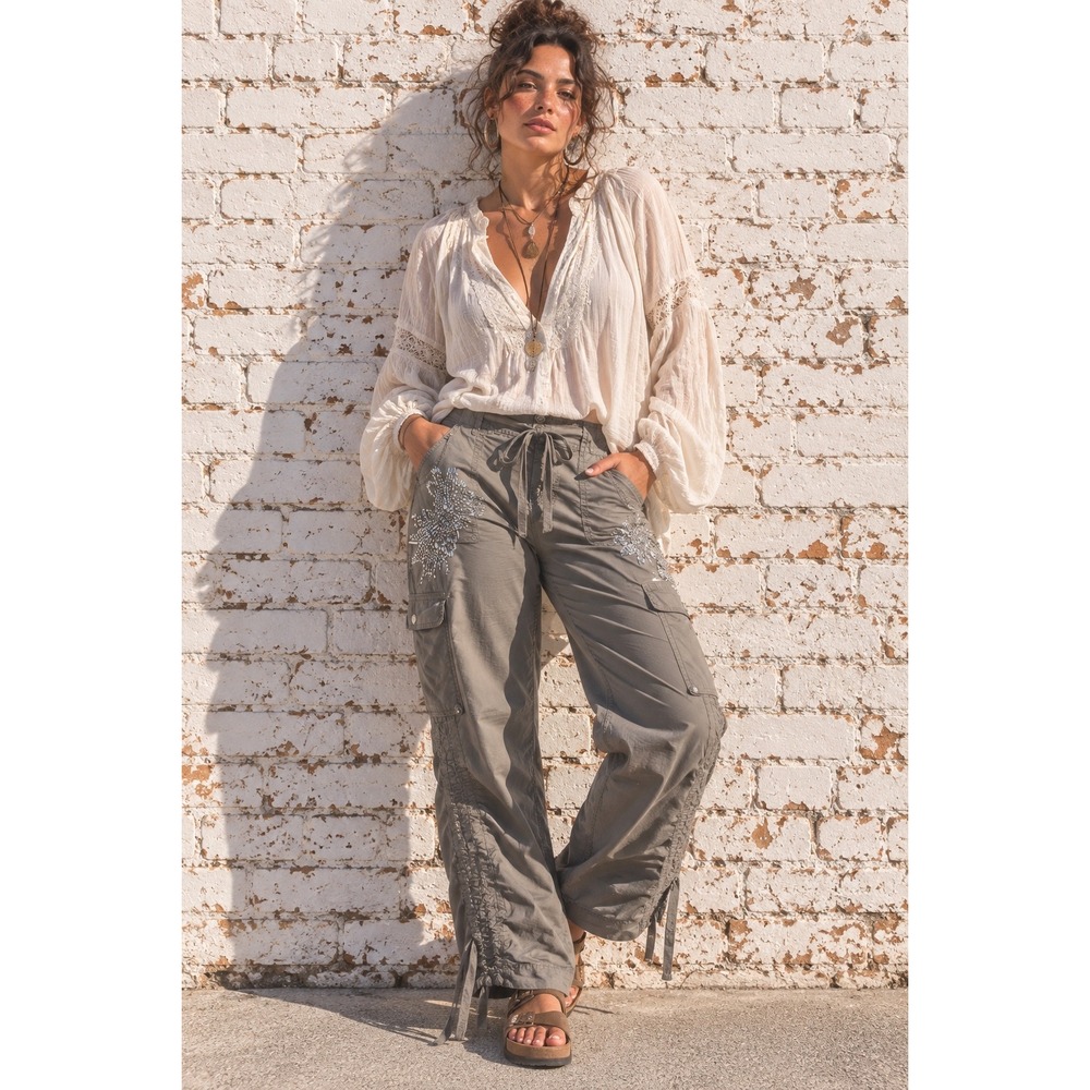 Vintage INC Gray Cotton Cargo Pants Y2K Rhinestone Beaded Ruched Y2K Size 14